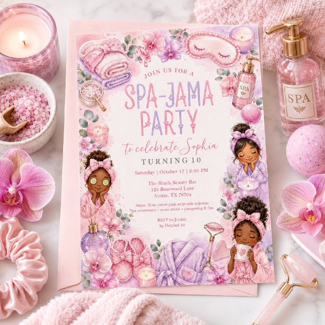 Invitation Fête d'anniversaire Spa-Jama Rose Violet pour fill (Créateur téléchargé)