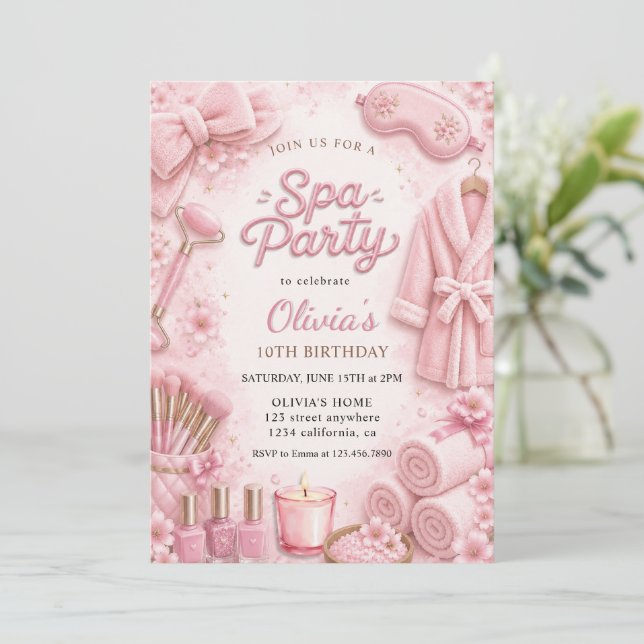 Invitation Fête d'anniversaire Spa Rose Aquarelle (Debout devant)