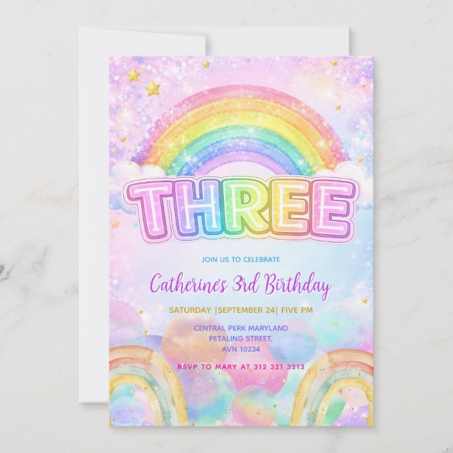 Invitation Fête d'anniversaire Sparkle Rainbow 3 ans (Devant)