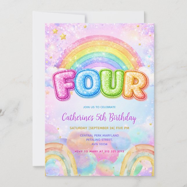 Invitation Fête d'anniversaire Sparkle Rainbow 4 ans (Devant)
