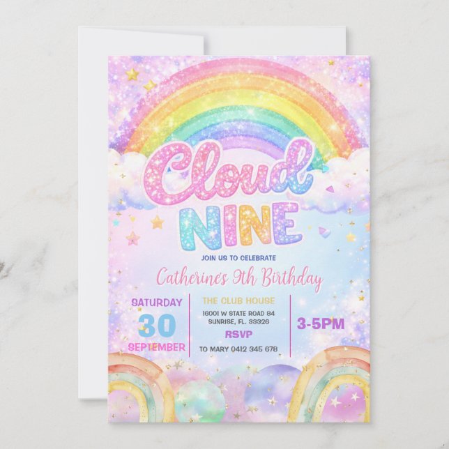 Invitation Fête d'anniversaire Sparkle Rainbow Cloud Nine (Devant)