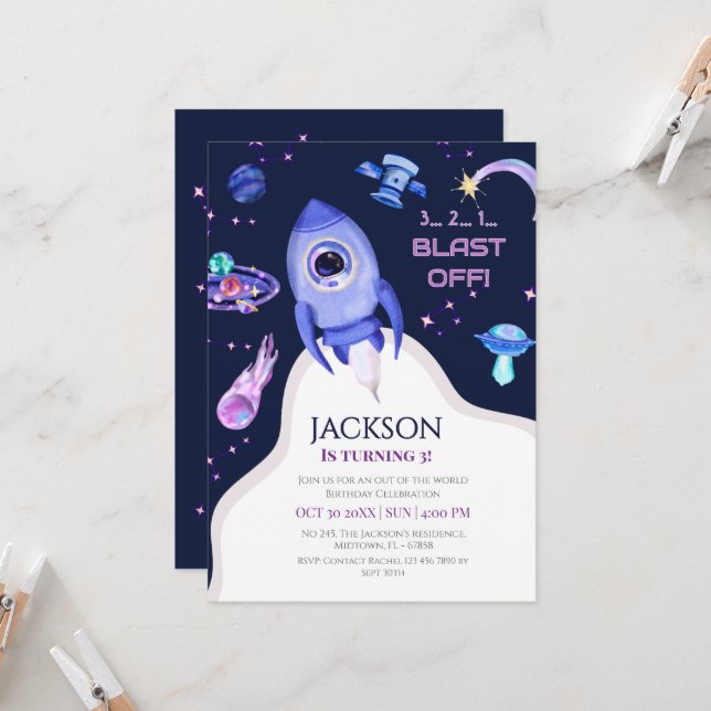 Invitation Fête d'anniversaire spatiale pour garçons - Décoll (Devant/Arrière en situation)