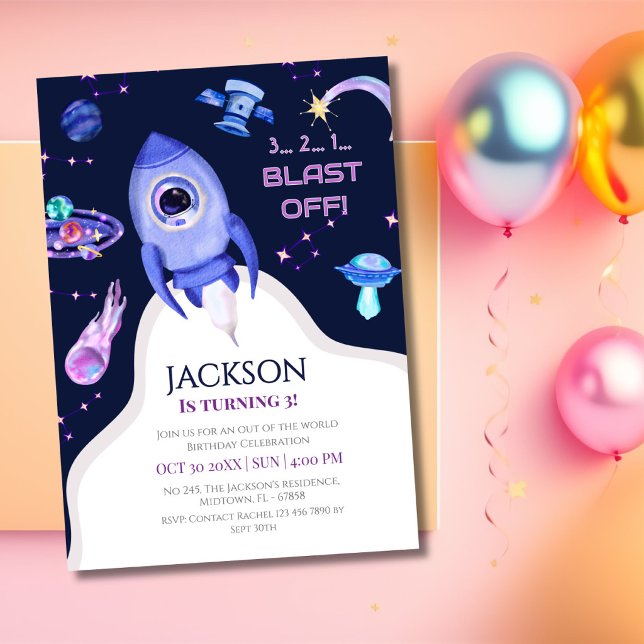 Invitation Fête d'anniversaire spatiale pour garçons - Décoll (Créateur téléchargé)