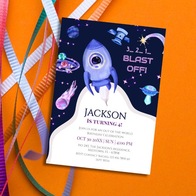 Invitation Fête d'anniversaire spatiale pour garçons Fusée 4è (Créateur téléchargé)