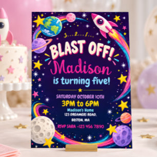 Invitation Fête d'anniversaire spatiale rose pour filles