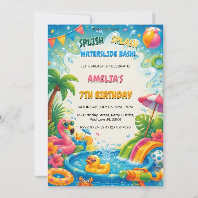 Invitation Fête d'anniversaire Splash au bord de la piscine e (Devant)