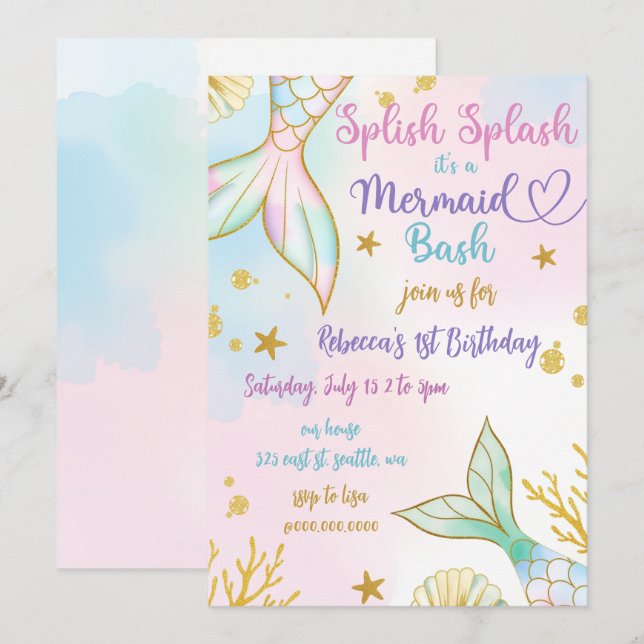 Invitation Fête d'anniversaire Splash Bash Sirène (Devant / Derrière)