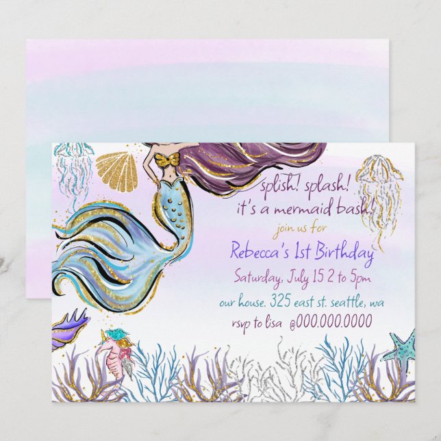 Invitation Fête d'anniversaire Splash Bash Sirène (Devant / Derrière)