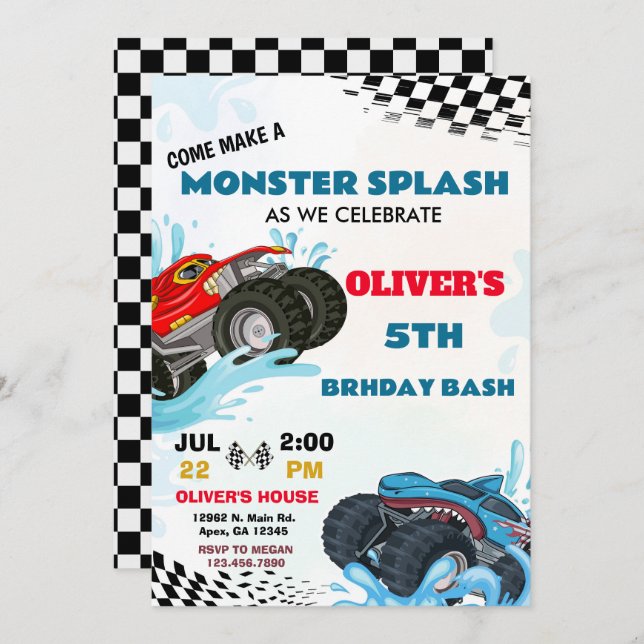 Invitation Fête d'anniversaire Splash Monster Truck  (Devant / Derrière)