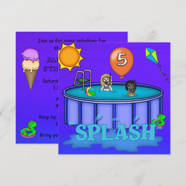 Invitation Fête d'anniversaire "Splash" Piscine 5 ans (Devant / Derrière)