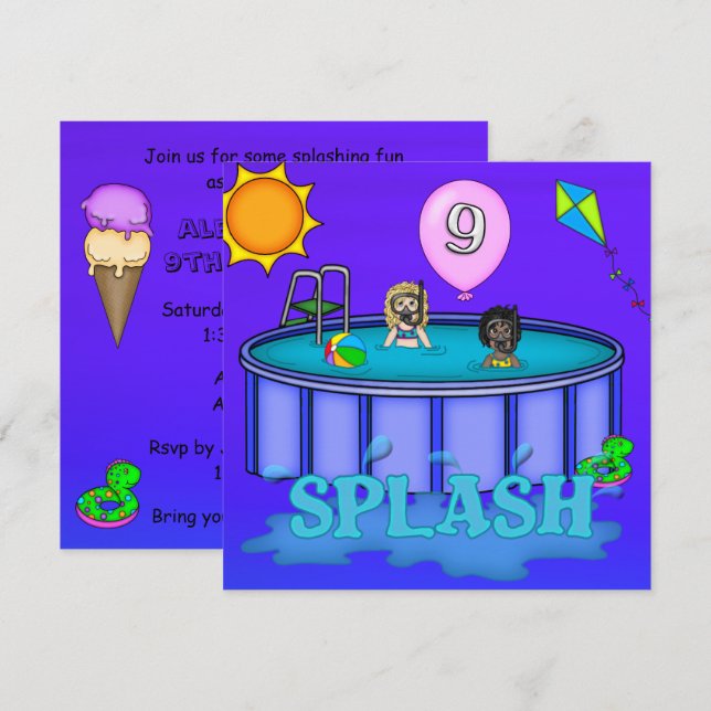 Invitation Fête d'anniversaire "Splash" pour 9 ans (Devant / Derrière)