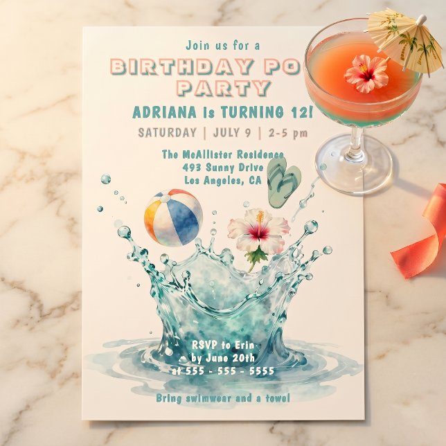 Invitation Fête d'anniversaire Splash Tween Filles Été Piscin (Créateur téléchargé)