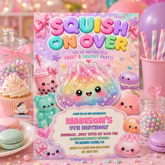 Invitation Fête d'anniversaire Squishies Dumpling Pailleté Ar (Rainbow Glitter Dumpling Squishies Birthday Party Invitation)