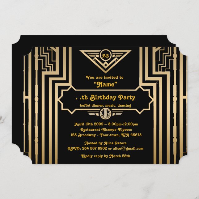 Invitation Fête d'anniversaire, style de Gatsby, art déco, (Devant / Derrière)