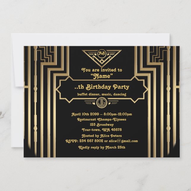 Invitation Fête d'anniversaire, style Gatsby, Art déco, noir  (Devant)