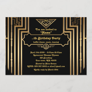 Invitation Fête d'anniversaire, style Gatsby, Art Déco, noir 