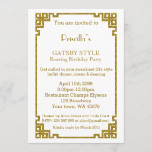 Invitation Fête d'anniversaire, style Gatsby, blanc & or