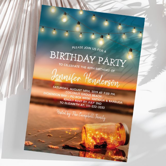 Invitation Fête d'anniversaire sur la plage au coucher du sol (Créateur téléchargé)