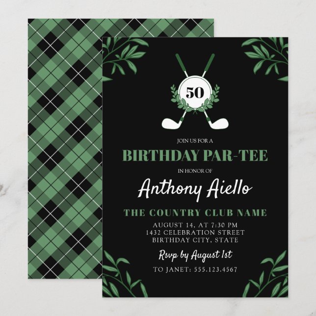 Invitation Fête d'anniversaire sur le thème de golf Par-Tee à (Devant / Derrière)
