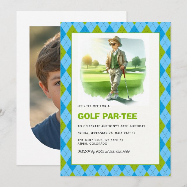 Invitation Fête d'anniversaire sur le thème de golf pour enfa (Devant / Derrière)