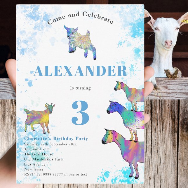 Invitation Fête d'anniversaire sur le thème de la chèvre aqua (Goat themed 3rd birthday party invitation with colorful watercolor farm animal illustrations )