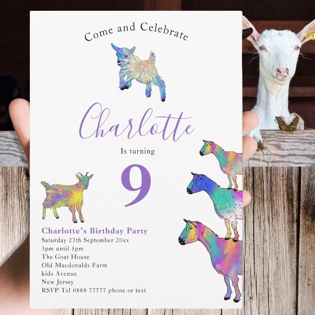 Invitation Fête d'anniversaire sur le thème de la chèvre pour (Cute goats colorful farm animals watercolor art 9th birthday party invitation)