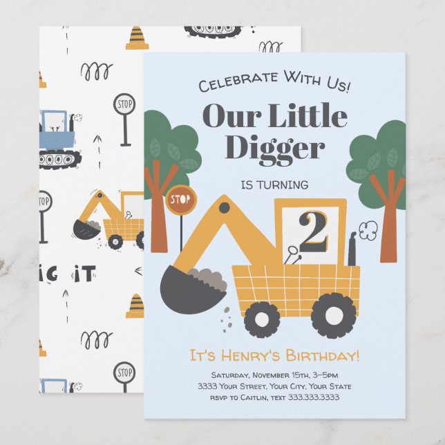 Invitation Fête d'anniversaire sur le thème de la constructio (Devant / Derrière)