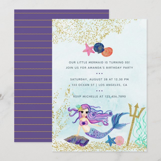 Invitation Fête d'anniversaire sur le thème de la sirène aux  (Devant / Derrière)