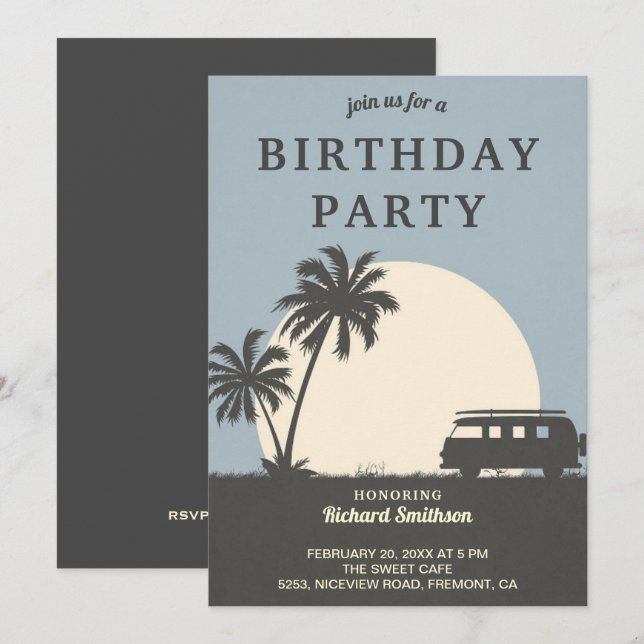 Invitation Fête d'anniversaire sur le thème de la van tropica (Devant / Derrière)