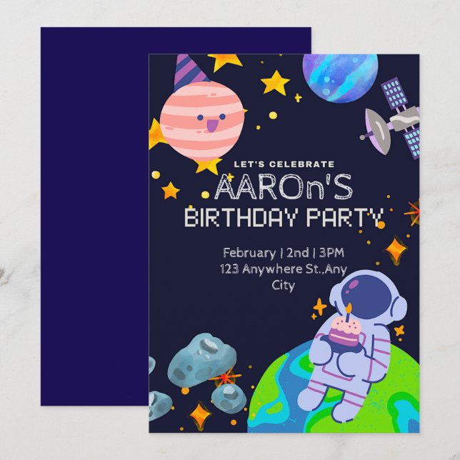 Invitation Fête d'anniversaire sur le thème de l'espace  (Devant / Derrière)