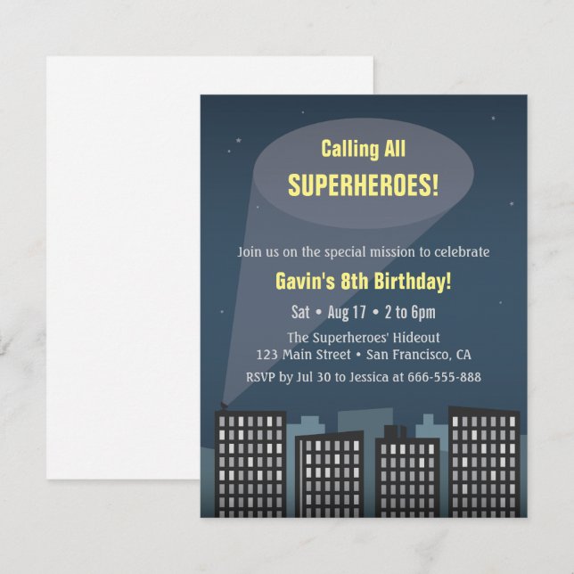 Invitation Fête d'anniversaire sur le thème de tous les super (Devant / Derrière)