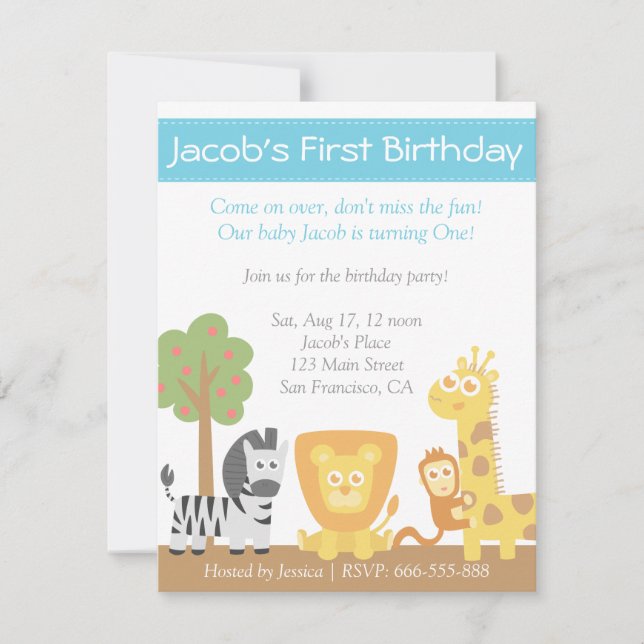 Invitation Fête d'anniversaire sur le thème des animaux de sa (Devant)