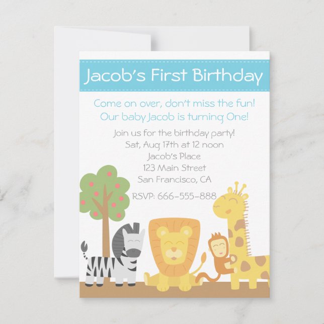 Invitation Fête d'anniversaire sur le thème des animaux de sa (Devant)