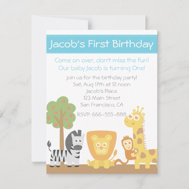Invitation Fête d'anniversaire sur le thème des animaux de sa (Devant)