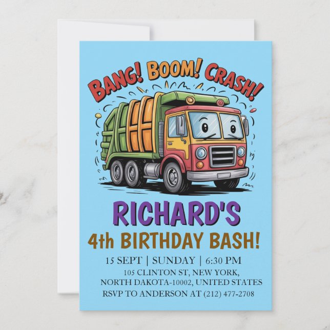 Invitation Fête d'anniversaire sur le thème des camions poube (Devant)
