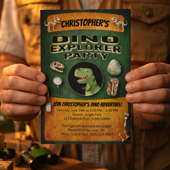 Invitation Fête d'anniversaire sur le thème des dinosaures (Dino Explorer Dinosaur Themed Part Invitation. Invite guests to discovery, stomp and roar. )