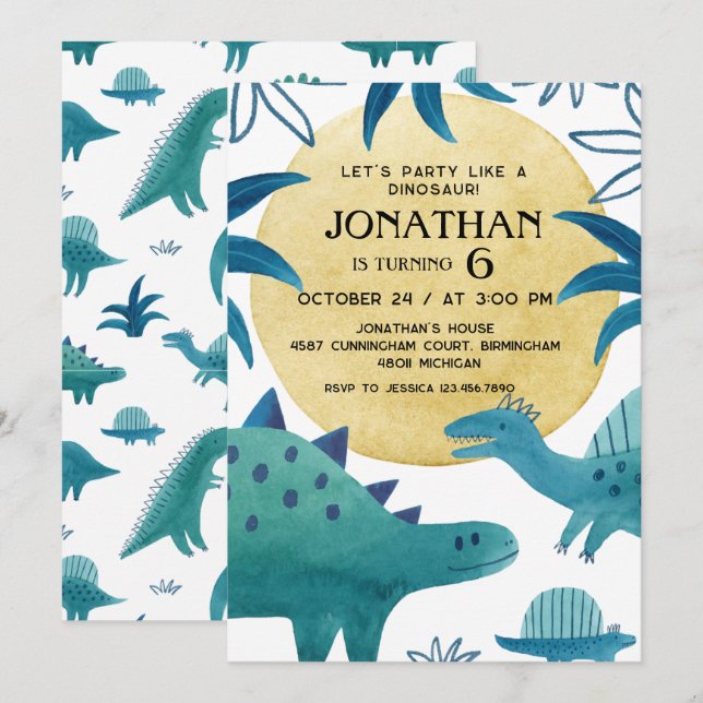 Invitation Fête d'anniversaire sur le thème des dinosaures (Devant / Derrière)