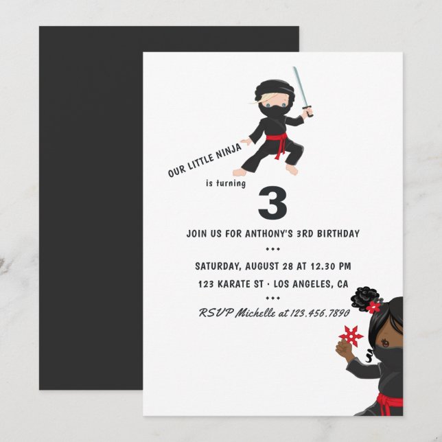 Invitation Fête d'anniversaire sur le thème des ninjas (Devant / Derrière)
