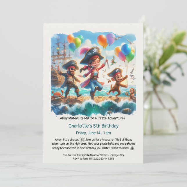 Invitation Fête d'anniversaire sur le thème des pirates (Debout devant)