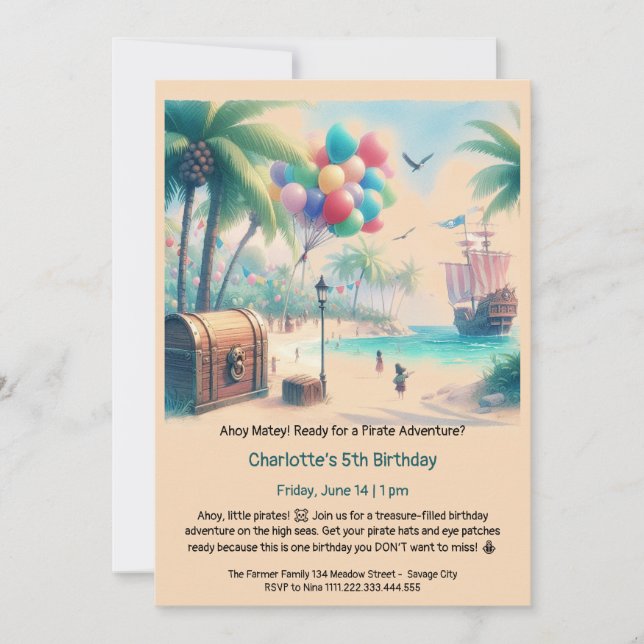 Invitation Fête d'anniversaire sur le thème des pirates (Devant)