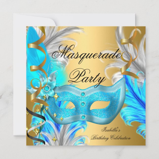 Invitation Fête d'anniversaire sur le thème du Bal Masqué Ble (Devant)