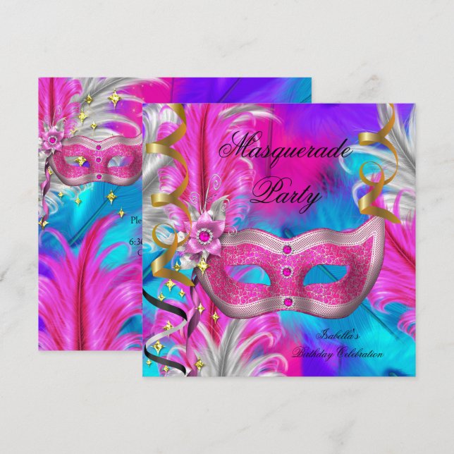 Invitation Fête d'anniversaire sur le thème du Bal Masqué Ble (Devant / Derrière)