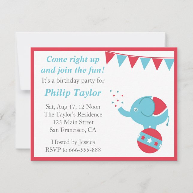 Invitation Fête d'anniversaire sur le thème du cirque avec un (Devant)