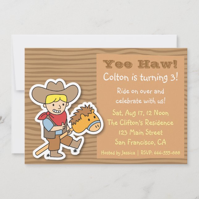 Invitation Fête d'anniversaire sur le thème du cow-boy sur un (Devant)