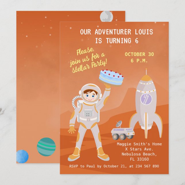 Invitation Fête d'anniversaire sur le thème du garçon astrona (Devant / Derrière)