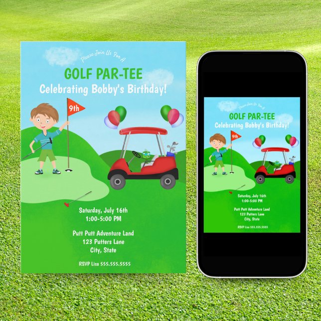 Invitation Fête d'anniversaire sur le thème du golf pour garç (Créateur téléchargé)