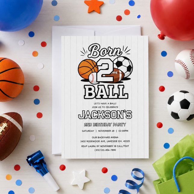Invitation Fête d'anniversaire sur le thème du sport pour gar (Born 2 Ball Sports Themed Boy 2nd Birthday Party Invitation
)