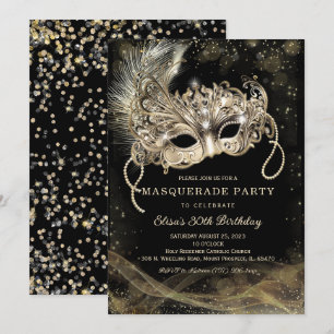 Invitation Fête d'anniversaire sur le thème Or Noir Mascarade