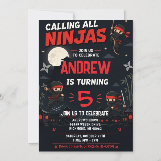 Invitation Fête d'anniversaire sur mesure de ninja pour enfan (Devant)