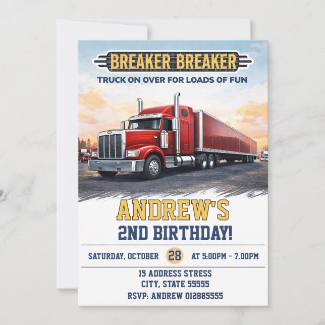 Invitation Fête d'anniversaire sur mesure pour un semi-remorq (Devant)
